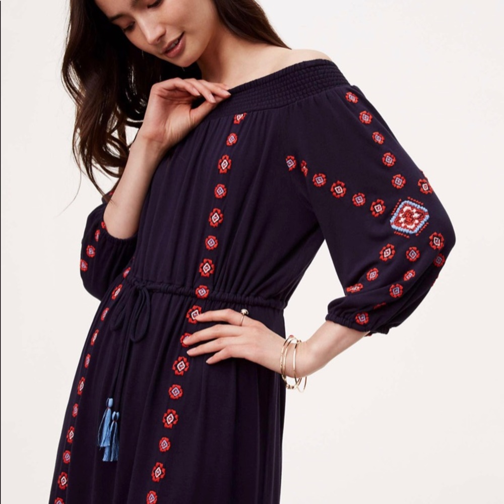 Loft Embroidered Blue Off the Shoulder Dress Sz-XS - Picture 2 of 8